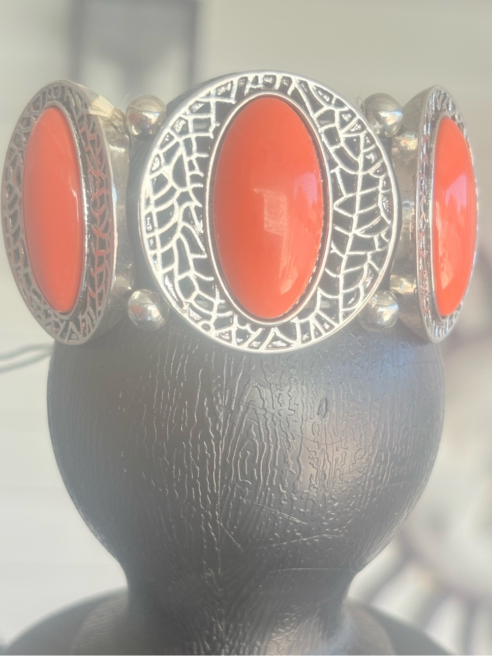 Coral Orange Oval Stone Silver Bracelet - Women Jewelry